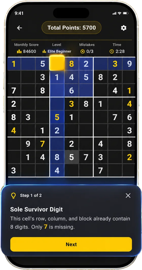 A Sudoku Elite hint explaining the logic of the next move, step by step