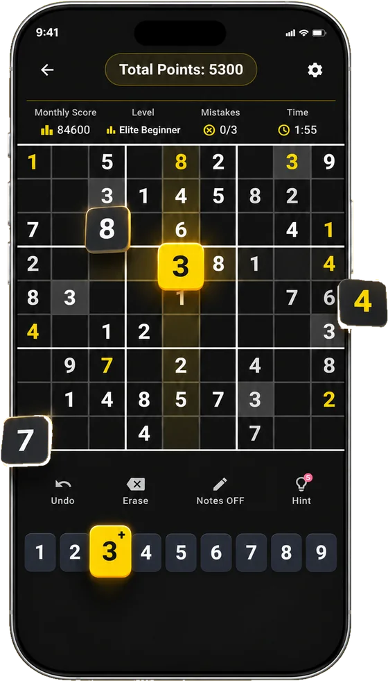A Sudoku Elite game in progress, with the level, mistakes, timer and number pad