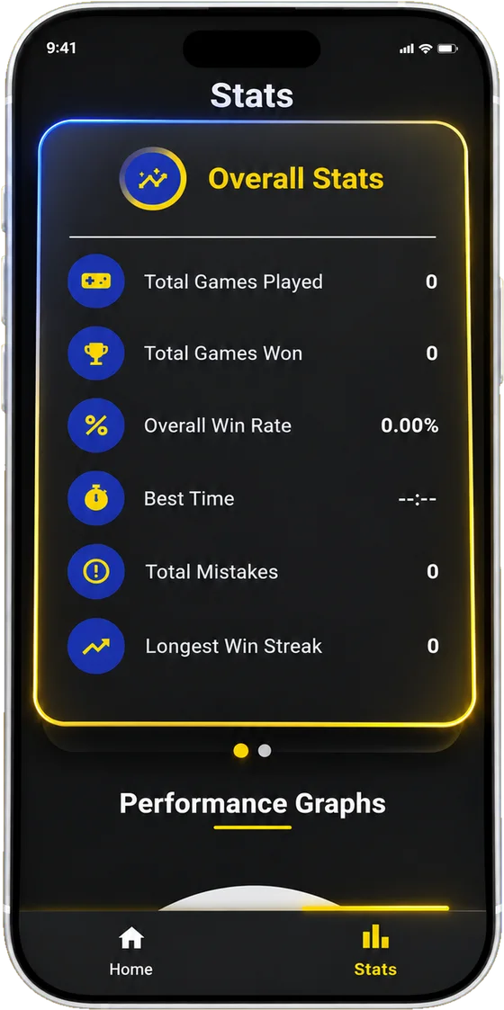 Sudoku Elite statistics: games played, win rate, best time and win streak